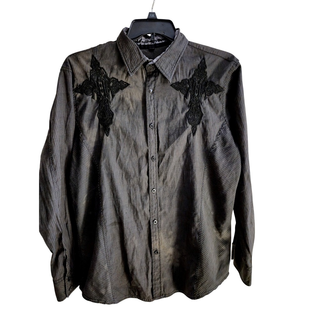 Y2K ROAR Black Button Down Shirt Men's XL  Giant Spider Embroidered Y2K Grunge